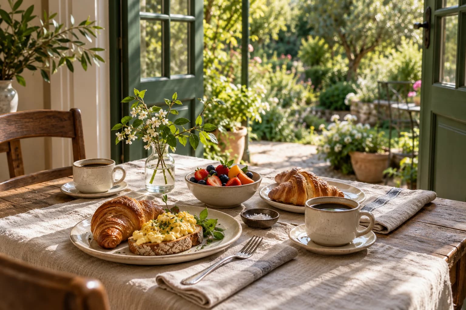 Illustration: pastries, eggs, fruit and coffee beside open garden doors