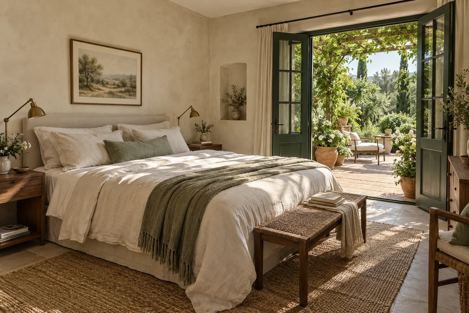 Illustration: an airy king bedroom opening onto a garden terrace