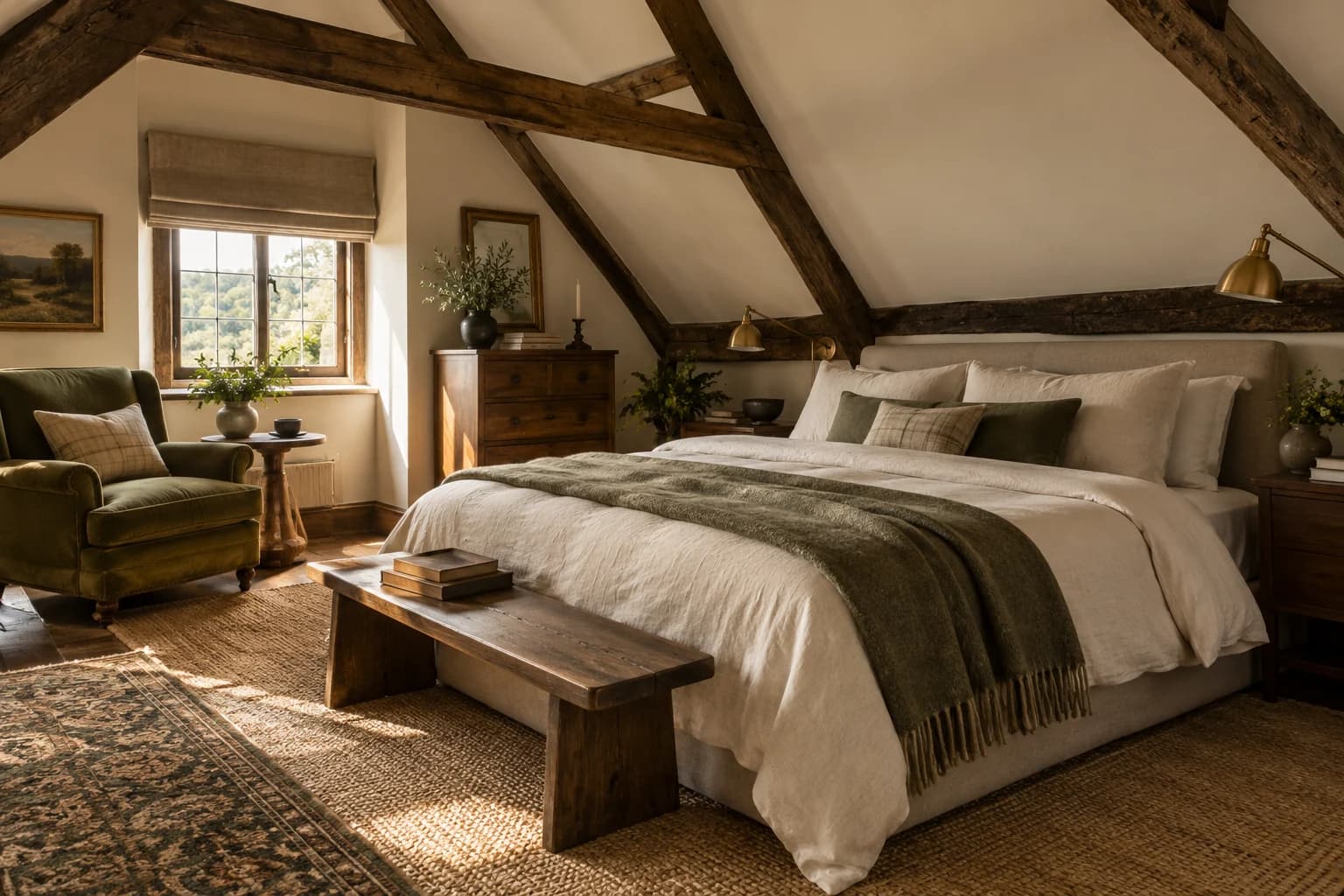 Illustration: a warm attic bedroom with timber beams and a reading corner