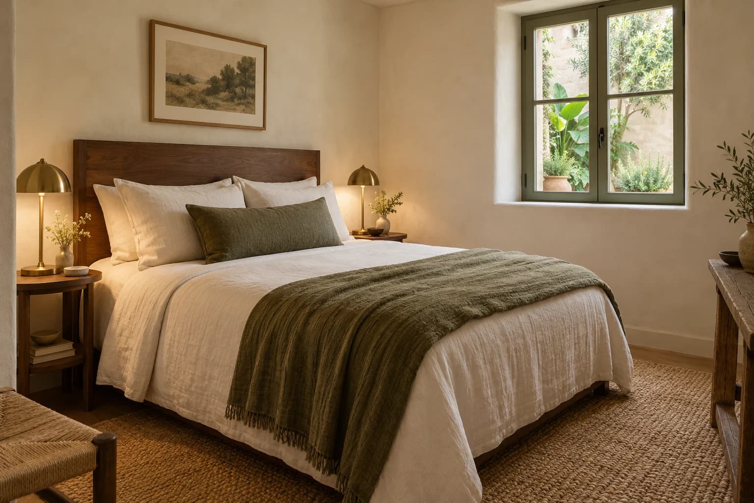 Illustration: a cosy queen bedroom with soft linen and courtyard light
